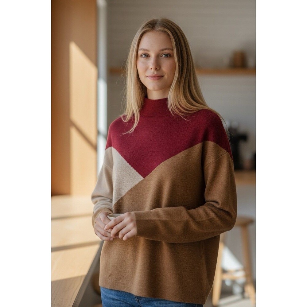 Tahari Women’s Colorblock Mock Neck Pullover Sweater Size M Relax Fit Winter